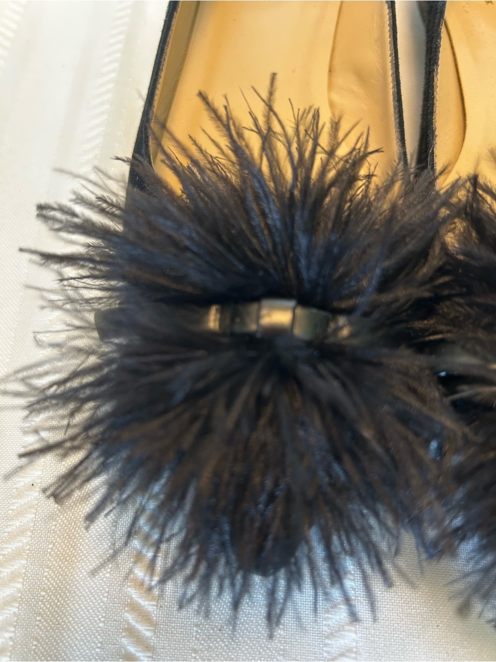 Kate Spade Zoe Pom Pom Kitten Heel Womens 6 Black Suede Feather Poms Pointed Toe - Picture 2 of 9